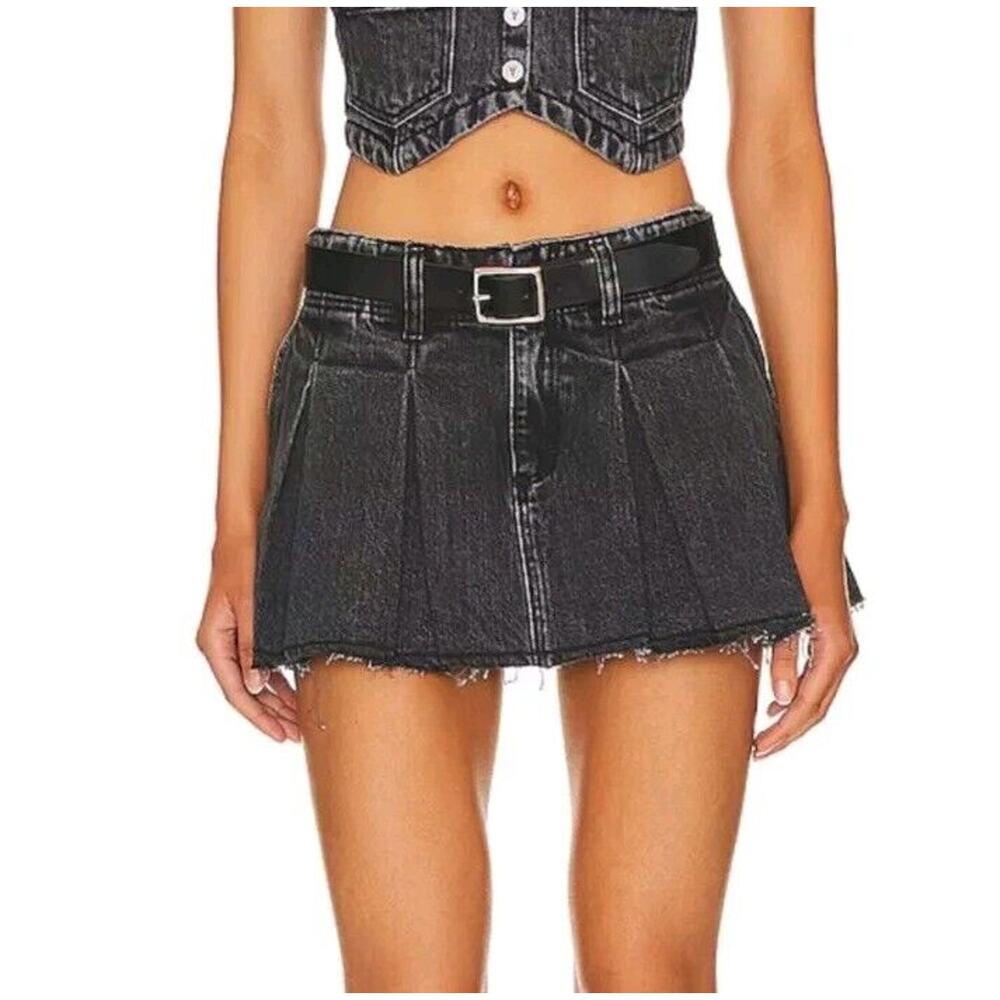 Abrand Jeans Revolve Cotton Denim Pleated Pocket Micro Mini Skirt Black 30
